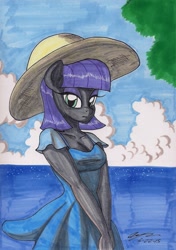 Size: 1391x1973 | Tagged: safe, artist:newyorkx3, maud pie, anthro, beach, clothes, dress, hat, solo, traditional art