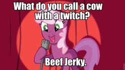 Size: 960x540 | Tagged: safe, cheerilee, earth pony, pony, cheerilee pun, curtain, exploitable meme, female, green eyes, mare, meme, microphone, open mouth, pun, smiling, solo, spotlight, text, two toned mane, two toned tail