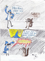 Size: 2492x3380 | Tagged: safe, artist:takedapie, barely pony related, comic, crossover, grand galloping gala, mordecai, mordecai and rigby, regular show, rigby, tickets, traditional art