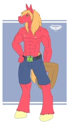 Size: 474x850 | Tagged: safe, artist:notorious84, big macintosh, anthro, earth pony, unguligrade anthro, abs, bare chest, belt, belt buckle, clothes, color, cutie mark, muscles, pants, shorts, topless