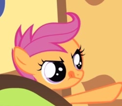 Size: 363x317 | Tagged: safe, screencap, scootaloo, :p, cute, frown, glare, pointing, solo, tongue out