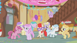 Size: 1280x720 | Tagged: safe, screencap, alula, aura (character), cotton cloudy, diamond tiara, dinky hooves, noi, piña colada, ruby pinch, silver spoon, twist, earth pony, pegasus, pony, unicorn, call of the cutie, applecore, balloon, confetti, coronet clover, cupcake, cuteceañera, dancing, female, filly, foal, glasses, party, piña cutelada, stairs, streamers, sugarcube corner