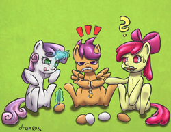 Size: 1400x1078 | Tagged: safe, artist:draneas, apple bloom, scootaloo, sweetie belle, cutie mark crusaders, easter, easter egg