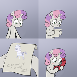 Size: 2000x2000 | Tagged: safe, sweetie belle, oc, oc:sketchy the notebook pony, pony, unicorn, bipedal, call me for a good time, exploitable meme, female, filly, gradient background, hoof hold, horn, letter, lined paper, meme, paper, sketchy pony, solo, sweetie's note meme, two toned hair, white coat