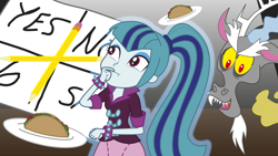 Size: 1920x1080 | Tagged: safe, artist:conikiblasu-fan, discord, sonata dusk, equestria girls, airhead, are you fucking kidding me, bad idea, charlie charlie challenge, don't try this at home, metaphysical, paranormal, repent, supernatural, taco, this is stupid, this will end in death, this will end in possession, this will end in tears and/or death, you asked for it, you need jesus