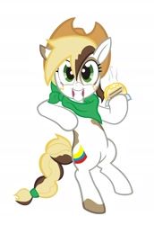 Size: 1332x1935 | Tagged: safe, artist:1ltdaniels, oc, oc:roasty bean, pony, collaboration, arepa, bipedal, colombia, country, flag, food, freckles, hat, hoof hold, looking at you, nation ponies, neckerchief, ponified, simple background, smiling, white background