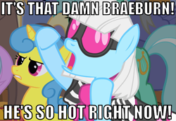 Size: 649x445 | Tagged: safe, screencap, braeburn, lemon hearts, lyra heartstrings, photo finish, image macro, zoolander