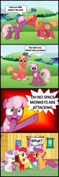 Size: 1048x3132 | Tagged: safe, artist:bronybyexception, apple bloom, big macintosh, cheerilee, scootaloo, sweetie belle, earth pony, monkey, pegasus, pony, unicorn, boop, cheerimac, comic, confused, cutie mark crusaders, d:, doll, eyes closed, female, filly, frown, glare, hoof hold, looking at you, looking back, male, mare, nose wrinkle, noseboop, nuzzling, open mouth, playing, plushie, pointing, pointy ponies, raised eyebrow, raised hoof, scared, shipper on deck, shipping, shocked, sitting, smiling, speech bubble, spread wings, stallion, straight, surprised, sweetie belle is not amused, tongue out, toy, unamused, uvula, wat, wide eyes, wings, yelling