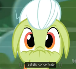 Size: 377x343 | Tagged: safe, screencap, granny smith, earth pony, pony, female, mare, scrunchy face, solo, youtube caption