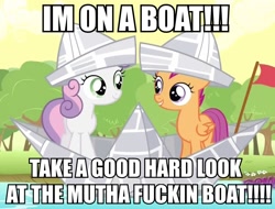 Size: 812x618 | Tagged: safe, edit, edited screencap, screencap, scootaloo, sweetie belle, ponyville confidential, caption, craft, hat, i'm on a boat (the lonely island feat. t-pain), image macro, meme, newspaper, paper, paper boat, paper hat, papercraft, parody, the lonely island, vulgar