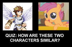 Size: 809x532 | Tagged: safe, scootaloo, angel, comparison, joke, kid icarus, pit (kid icarus), quiz, scootachicken, text