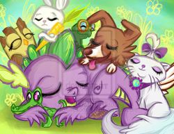 Size: 600x464 | Tagged: safe, artist:buckingawesomeart, angel bunny, gummy, opalescence, owlowiscious, spike, tank, winona, dragon, just for sidekicks, carrot, cuddling, sleeping, watermark