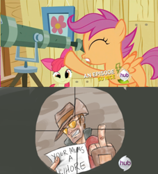 Size: 500x550 | Tagged: safe, apple bloom, scootaloo, sniper, team fortress 2, telescope, vulgar