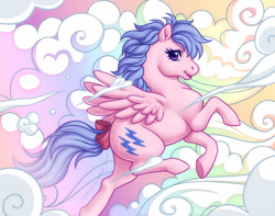 Size: 800x629 | Tagged: safe, artist:celesse, derpibooru import, firefly, pegasus, pony, g1, bow, cloud, female, flying, mare, solo, tail bow