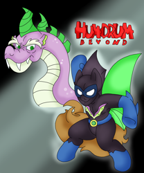 Size: 1928x2312 | Tagged: safe, artist:blackbewhite2k7, humdrum, spike, oc, dragon, pony, batman beyond, bipedal, clothes, commission, costume, old, older, older spike, power ponies, unnamed oc