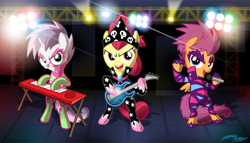 Size: 1000x570 | Tagged: safe, artist:willdrawforfood1, apple bloom, scootaloo, sweetie belle, the show stoppers, band, concert, costume, cutie mark crusaders, keyboard, microphone, musical instrument, playing, show stopper outfits
