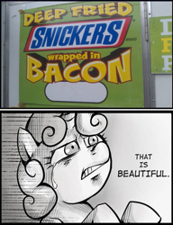 Size: 537x700 | Tagged: safe, sweetie belle, bacon, exploitable meme, meme, snickers, that is beautiful