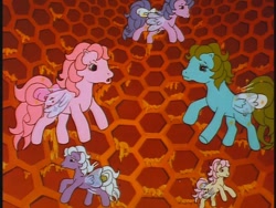 Size: 640x480 | Tagged: safe, forget me not, honeysuckle, lily (g1), morning glory, queen rosedust, rosedust, flutter pony, g1, my little pony 'n friends, angry, honeycomb (structure)