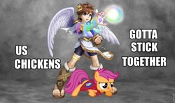 Size: 960x565 | Tagged: dead source, safe, artist:sporadictiger, scootaloo, cape, clothes, cmc cape, crossover, image macro, kid icarus, kid icarus: uprising, licking, licking lips, pit (kid icarus), text, tongue out