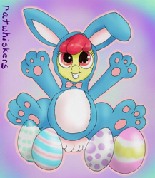 Size: 500x577 | Tagged: safe, artist:ratwhiskers, apple bloom, bunny bloom, bunny costume, clothes, easter, easter bunny, easter egg, palindrome get, paw gloves, paw prints