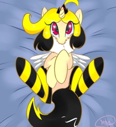 Size: 700x768 | Tagged: safe, artist:kikiluv17, oc, oc only, alicorn, bee, bee pony, original species, pony, alicorn oc, animal costume, bed, bee costume, clothes, costume, cute, lying, lying on bed, mattress, monster mare, socks, solo, striped socks, wings