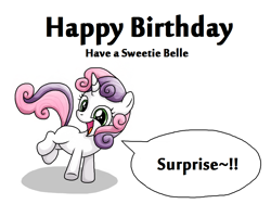 Size: 1024x768 | Tagged: safe, artist:rambopvp, surprise, sweetie belle, cute, happy, happy birthday, jumping, open mouth, smiling, speech bubble, talking