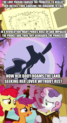 Size: 624x1142 | Tagged: safe, edit, edited screencap, screencap, apple bloom, scootaloo, sweetie belle, earth pony, headless horse, pegasus, pony, unicorn, hearts and hooves day (episode), sleepless in ponyville, caption, comic, cutie mark crusaders, female, filly, headless, image macro, implied decapitation, insane fan theory