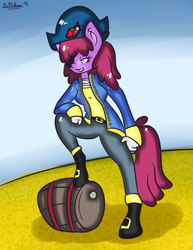 Size: 548x710 | Tagged: dead source, safe, artist:letsaskberrypunch, artist:phillnana, berry punch, berryshine, anthro, barrel, captain morgan, clothes, eyepatch, keg, pirate, solo