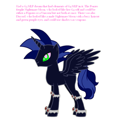 Size: 696x708 | Tagged: safe, discord, nightmare moon, oc, oc only, alicorn, pony, pony creator, g3, g4, alicorn oc, donut steel, dream, in name only, male, solo, stallion, text