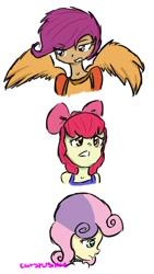 Size: 664x1178 | Tagged: safe, artist:catsrusme, apple bloom, scootaloo, sweetie belle, cutie mark crusaders, humanized