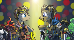 Size: 600x325 | Tagged: safe, artist:saturnspace, doctor whooves, earth pony, pony, abstract background, clockwise whooves, clothes, eye contact, gak, looking at each other, male, stallion