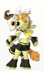 Size: 900x1440 | Tagged: safe, artist:wingflyte, pound cake, pumpkin cake, pony, belly button, bipedal, clothes, colt, filly, kagamine len, kagamine rin, midriff, older, vocaloid