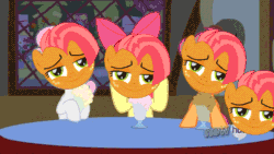 Size: 600x338 | Tagged: safe, edit, edited screencap, screencap, apple bloom, babs seed, scootaloo, sweetie belle, one bad apple, animated, babsface, faic, milkshake, smug, song