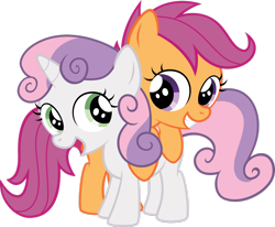 Size: 1280x1055 | Tagged: safe, artist:scootabelle, scootaloo, sweetie belle, female, happy, lesbian, scootabelle, shipping, smiling