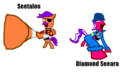 Size: 729x416 | Tagged: safe, diamond tiara, scootaloo, demoman, gmod monster, ms paint, seeldier, seeman, soldier, team fortress 2