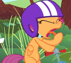 Size: 1224x1080 | Tagged: safe, screencap, scootaloo, the cutie mark chronicles, cropped, faic, helmet, reaction image, scooter, solo, tongue out