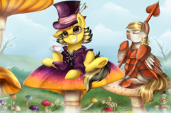 Size: 3333x2206 | Tagged: safe, artist:pridark, oc, oc only, alice in wonderland, armor, hat, mad hatter, mushroom, polearm, tea, teacup, underhoof