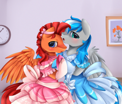 Size: 3442x2950 | Tagged: safe, artist:pridark, oc, oc only, oc:captain sunride, oc:cloud zapper, blushing, bow, clothes, crossdressing, dress, gay, looking at you, male, ribbon, shoes, stockings, trap