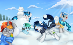 Size: 2819x1747 | Tagged: safe, artist:pridark, oc, oc only, oc:cloud zapper, oc:liz, clothes, headset, prehensile tail, scarf, snow, snowball, winter