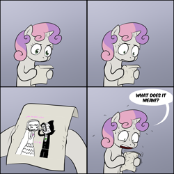 Size: 1800x1800 | Tagged: safe, artist:lemondevil, edit, sweetie belle, pony, unicorn, bipedal, biporarity, cannibalism, comic, dialogue, exploitable meme, female, filly, gradient background, homestuck, hoof hold, horn, jake english, letter, meme, paper, roxy lalonde, solo, speech bubble, sweetie's note meme, two toned hair, two toned mane, white coat