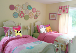 Size: 1600x1125 | Tagged: safe, artist:appleandmuffin, apple bloom, scootaloo, sweetie belle, bed, cutie mark crusaders, irl, photo, ponies in real life, sleeping