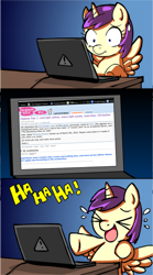 Size: 536x962 | Tagged: safe, princess erroria, alicorn, pony, /mlp/, computer, erroria's computer, laptop computer, laughing, reddit