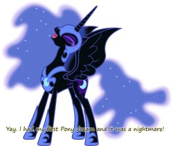 Size: 948x800 | Tagged: safe, artist:90sigma, edit, nightmare moon, alicorn, pony, ethereal mane, eyes closed, female, helmet, hoof shoes, insane pony thread, jewelry, laughing, mare, open mouth, peytral, regalia, simple background, solo, spread wings, text, transparent background, vector, vector edit, wings