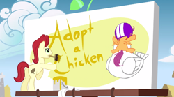 Size: 744x414 | Tagged: safe, scootaloo, chicken, billboard, double rainboom, helmet, meme, scootachicken, scootacrash