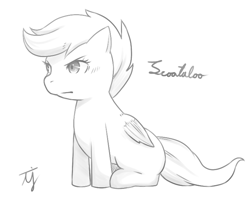 Size: 740x590 | Tagged: safe, artist:japananon, scootaloo, pegasus, pony, female, monochrome, pixiv, solo