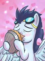 Size: 1280x1707 | Tagged: safe, artist:pirill, soarin', 30 minute art challenge, blushing, heart, kissing, male, pie, sloppy kissing, solo, that pony sure does love pies