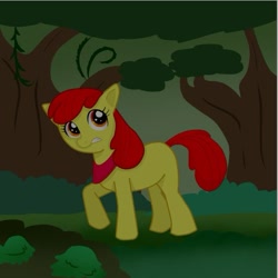 Size: 501x501 | Tagged: safe, artist:ktdlover, apple bloom, earth pony, apple bloom's bow, everfree forest, female, filly, hair bow, red mane, yellow coat