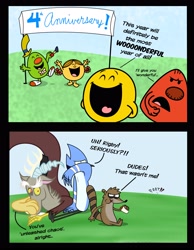 Size: 2550x3291 | Tagged: safe, artist:cartuneslover16, discord, comic, crossover, mordecai, mordecai and rigby, regular show, rigby, the mr. men show