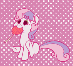 Size: 690x630 | Tagged: safe, artist:jigglybelle, sweetie belle, candy, eating, food, lollipop, mouth hold