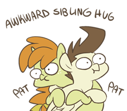 Size: 300x261 | Tagged: safe, artist:egophiliac, pound cake, pumpkin cake, pegasus, pony, unicorn, :t, awkward, awkward sibling hug, brother and sister, colt, female, filly, gravity falls, hug, male, siblings, simple background, slice of pony life, tourist trapped, transparent background, twins, woonoggles